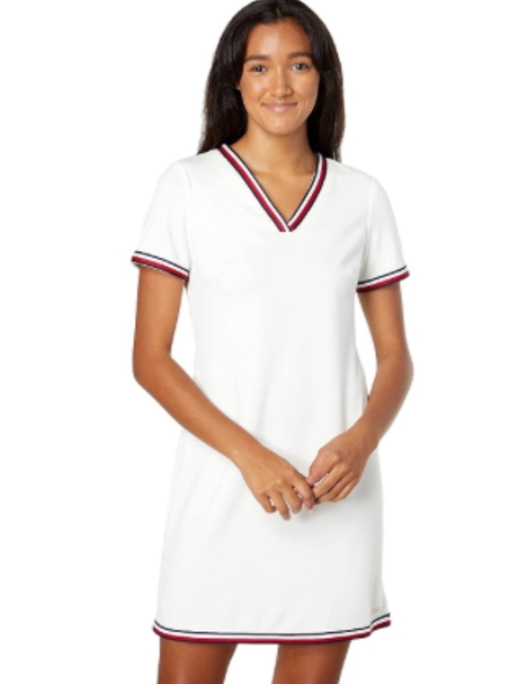 Tommy Hilfiger Women's White V-Neck Stripe Trim Short Sleeve Dress